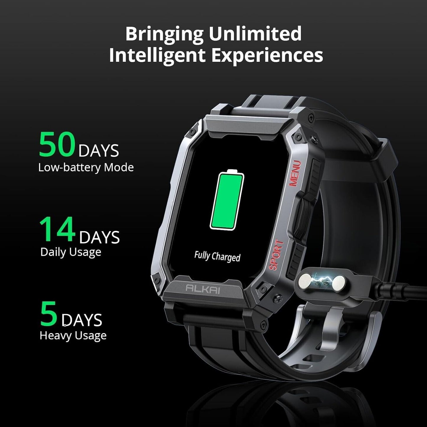ALKAI Smart Watch Rugged with 5ATM Waterproof Bluetooth Call(Answer/Dial Calls)