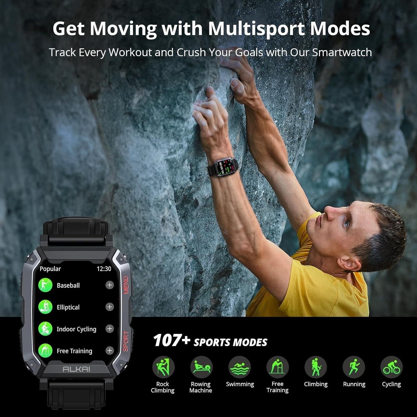 ALKAI Smart Watch Rugged with 5ATM Waterproof Bluetooth Call(Answer/Dial Calls)
