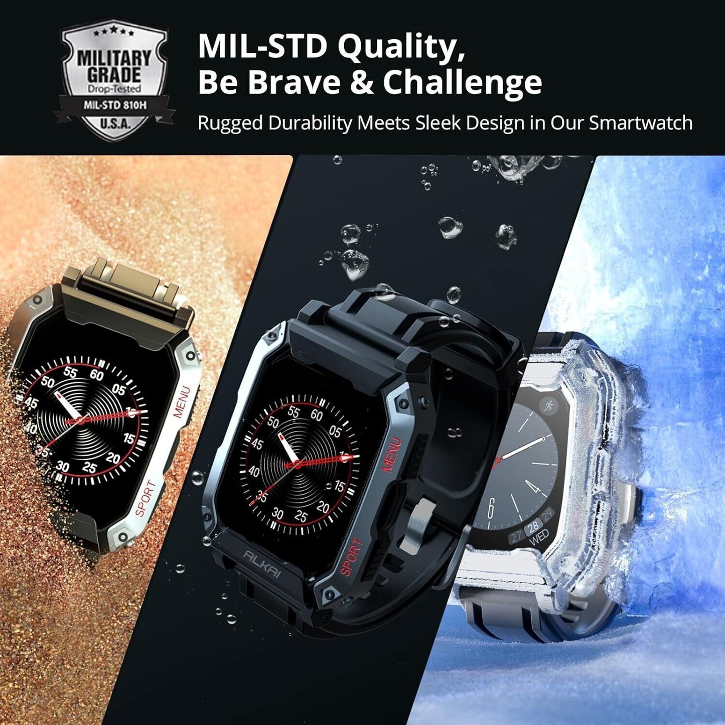 ALKAI Smart Watch Rugged with 5ATM Waterproof Bluetooth Call(Answer/Dial Calls)